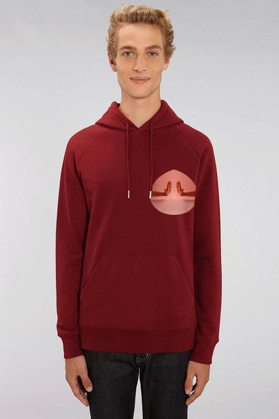 Burgundy Men Two Hands Print Hoodie, Medium-weight, from organic cotton blend