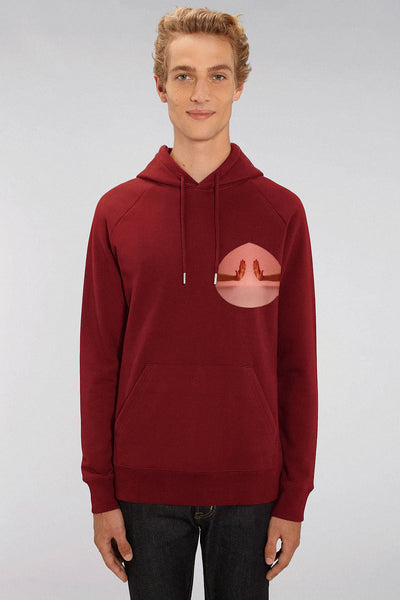 Burgundy Men Two Hands Print Hoodie, Medium-weight, from organic cotton blend