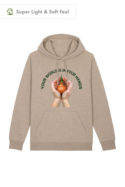 Beige Men Your World Graphic Hoodie, Medium-weight, from organic cotton blend