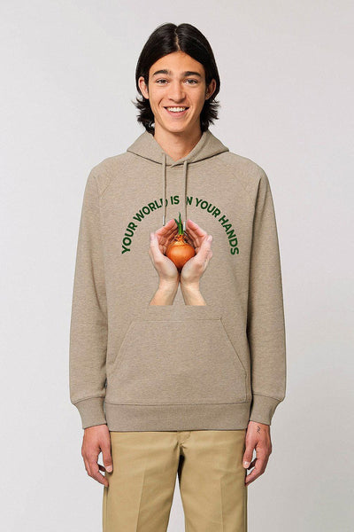 Beige Men Your World Graphic Hoodie, Medium-weight, from organic cotton blend