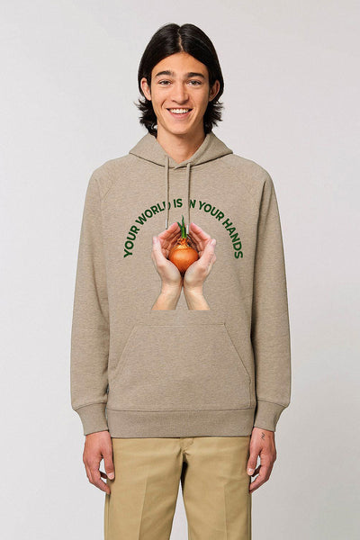 Beige Men Your World Graphic Hoodie, Medium-weight, from organic cotton blend