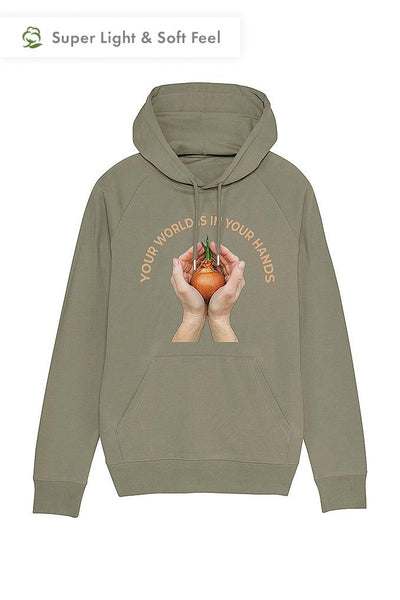 Light Khaki Men Your World Graphic Hoodie, Medium-weight, from organic cotton blend