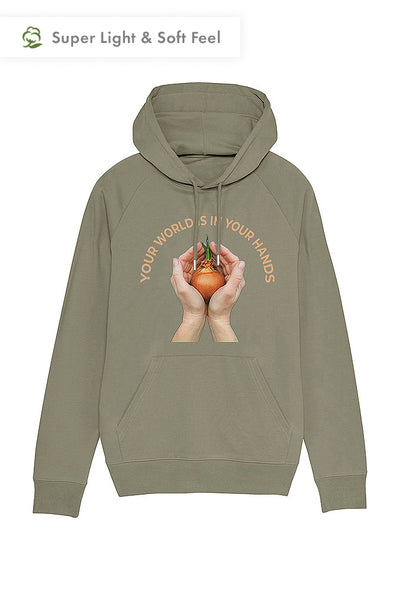 Light Khaki Men Your World Graphic Hoodie, Medium-weight, from organic cotton blend