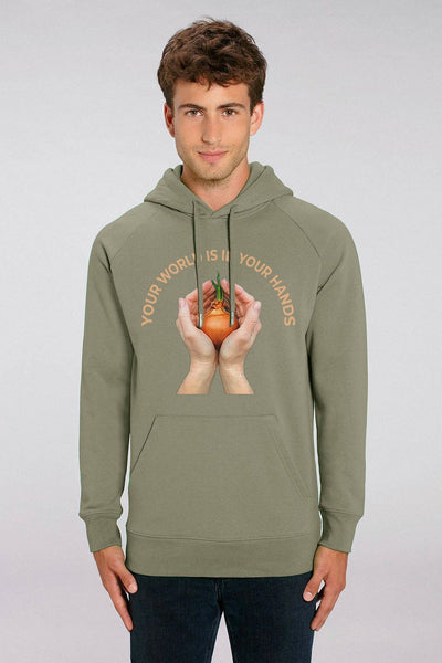 Light Khaki Men Your World Graphic Hoodie, Medium-weight, from organic cotton blend