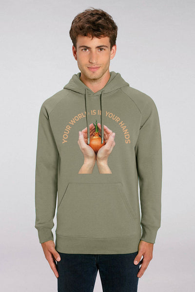 Light Khaki Men Your World Graphic Hoodie, Medium-weight, from organic cotton blend