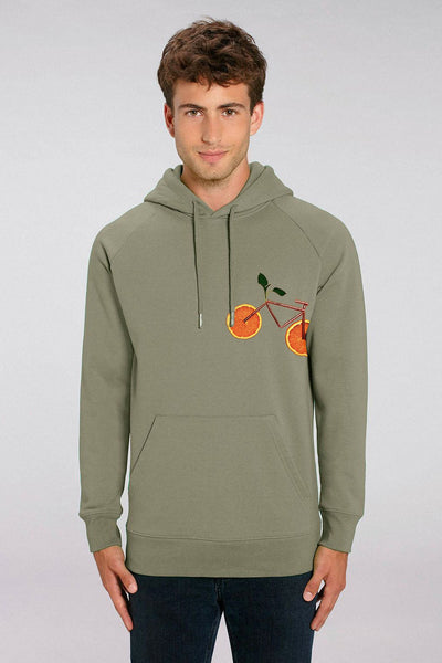 Light Khaki Men Orange Bicycle Hoodie, Medium-weight, from organic cotton blend