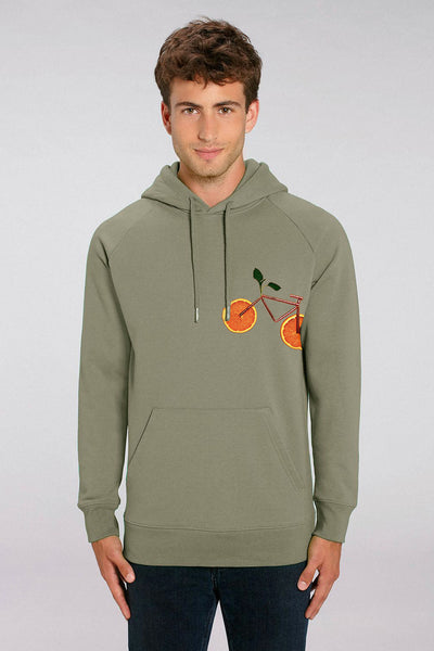 Light Khaki Men Orange Bicycle Hoodie, Medium-weight, from organic cotton blend