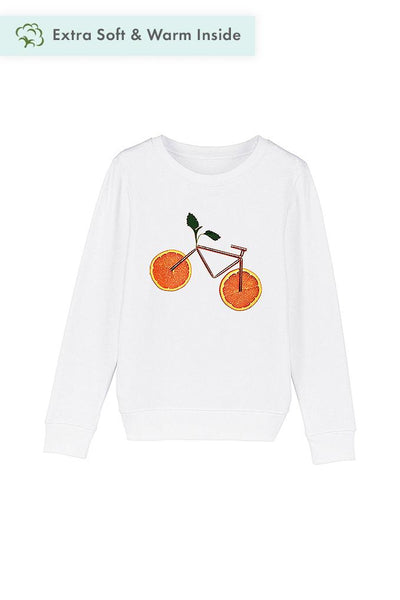 White Kids Orange Bicycle Graphic Sweatshirt, Medium-weight, from organic cotton blend, for girls & for boys