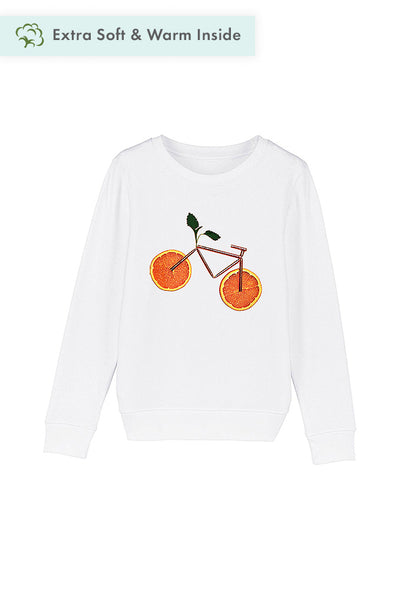 White Kids Orange Bicycle Graphic Sweatshirt, Medium-weight, from organic cotton blend, for girls & for boys