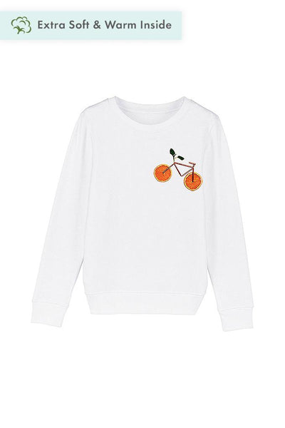 White Kids Orange Bicycle Printed Sweatshirt, Medium-weight, from organic cotton blend, for girls & for boys
