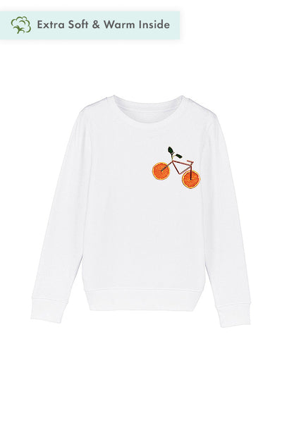 White Kids Orange Bicycle Printed Sweatshirt, Medium-weight, from organic cotton blend, for girls & for boys