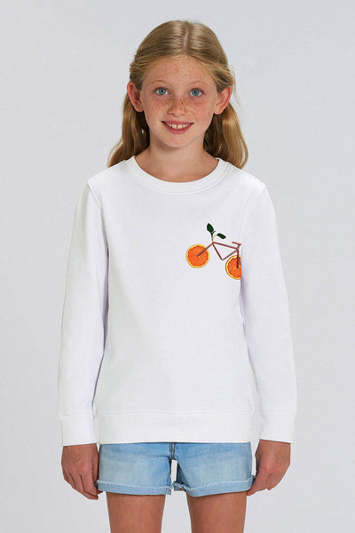 White Kids Orange Bicycle Printed Sweatshirt, Medium-weight, from organic cotton blend, for girls & for boys