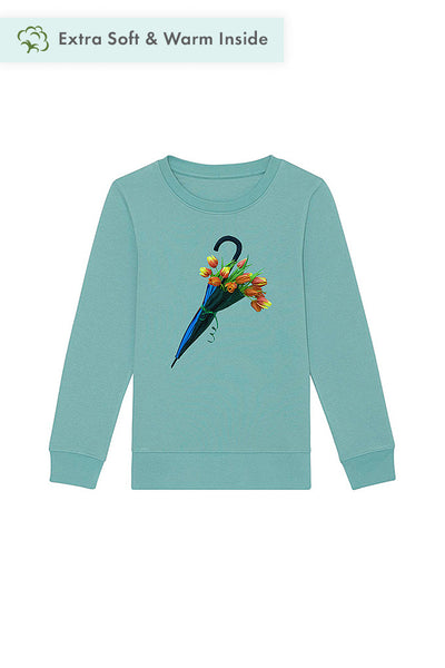 Teal green Kids Blooming Umbrella Sweatshirt, Medium-weight, from organic cotton blend, for girls & for boys