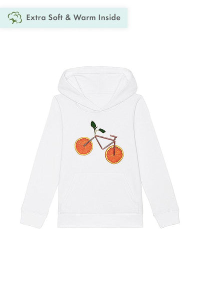 White Kids Orange Bicycle Graphic Hoodie, Medium-weight, from organic cotton blend, for girls & for boys