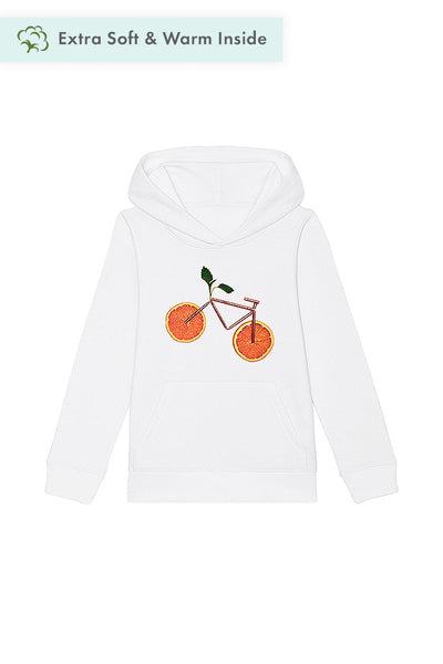 White Kids Orange Bicycle Graphic Hoodie, Medium-weight, from organic cotton blend, for girls & for boys