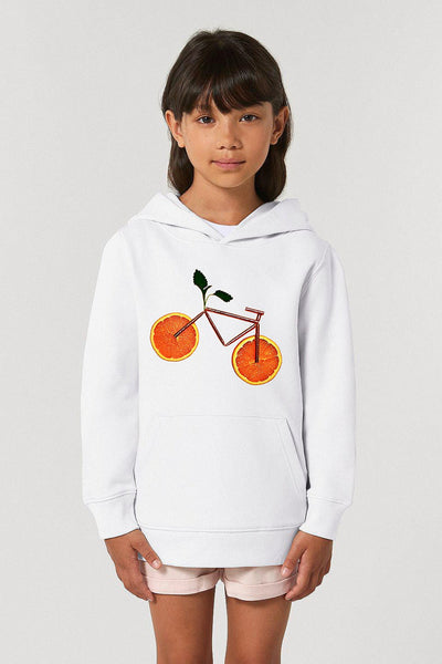 White Kids Orange Bicycle Graphic Hoodie, Medium-weight, from organic cotton blend, for girls & for boys