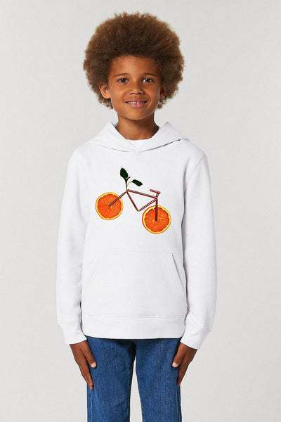 White Kids Orange Bicycle Graphic Hoodie, Medium-weight, from organic cotton blend, for girls & for boys