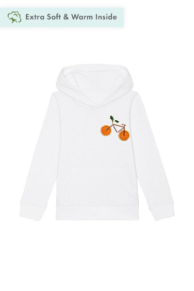 White Kids Orange Bicycle Printed Hoodie, Medium-weight, from organic cotton blend, for girls & for boys
