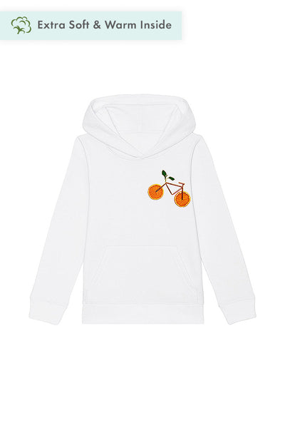 White Kids Orange Bicycle Printed Hoodie, Medium-weight, from organic cotton blend, for girls & for boys