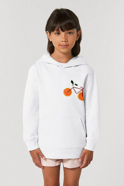 White Kids Orange Bicycle Printed Hoodie, Medium-weight, from organic cotton blend, for girls & for boys