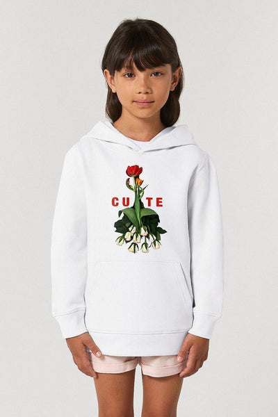 White Girls Cute Floral Graphic Hoodie, Medium-weight, from organic cotton blend