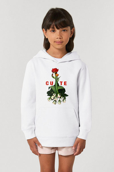White Girls Cute Floral Graphic Hoodie, Medium-weight, from organic cotton blend