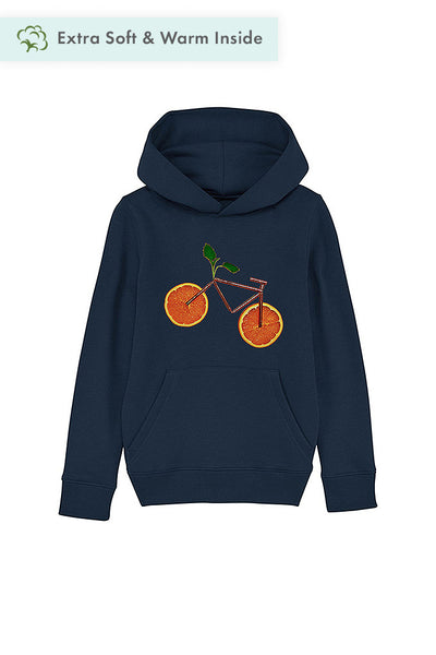 Navy Kids Orange Bicycle Graphic Hoodie, Medium-weight, from organic cotton blend, for girls & for boys