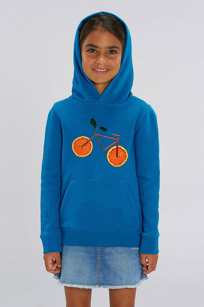 Royal Blue Kids Orange Bicycle Graphic Hoodie, Medium-weight, from organic cotton blend, for girls & for boys