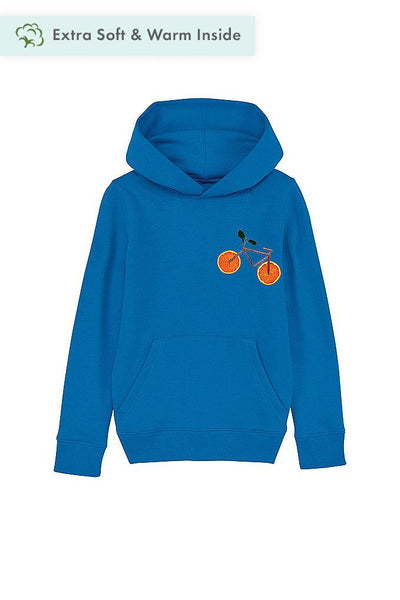 Royal Blue Kids Orange Bicycle Printed Hoodie, Medium-weight, from organic cotton blend, for girls & for boys