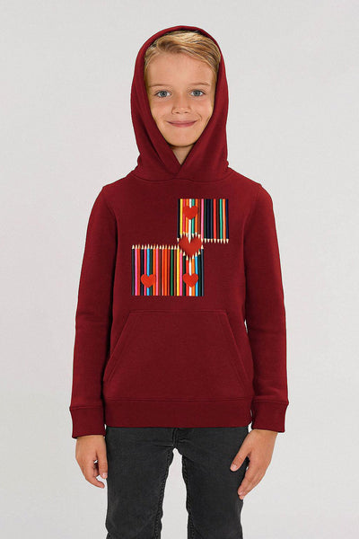 Burgundy Kids Love Heart Graphic Hoodie, Medium-weight, from organic cotton blend, for girls & for boys