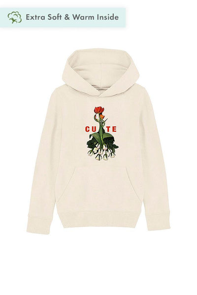 Beige Girls Cute Floral Graphic Hoodie, Medium-weight, from organic cotton blend