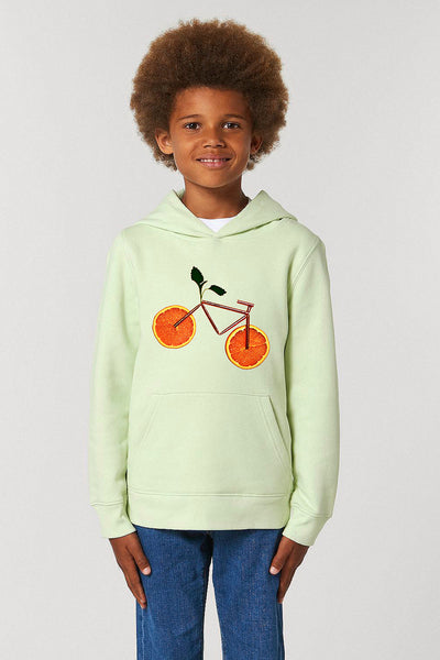 Light green Kids Orange Bicycle Graphic Hoodie, Medium-weight, from organic cotton blend, for girls & for boys