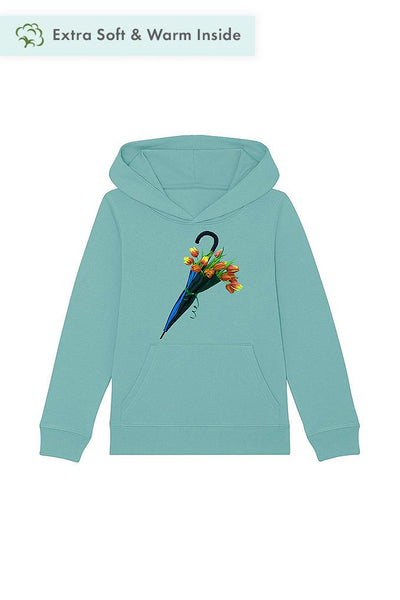Teal green Kids Blooming Umbrella Graphic Hoodie, Medium-weight, from organic cotton blend, for girls & for boys