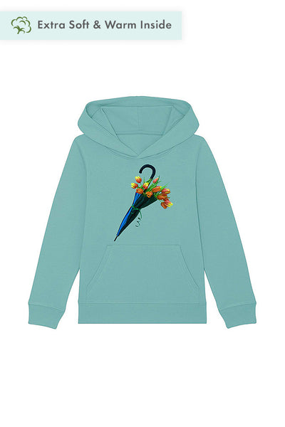 Teal green Kids Blooming Umbrella Graphic Hoodie, Medium-weight, from organic cotton blend, for girls & for boys