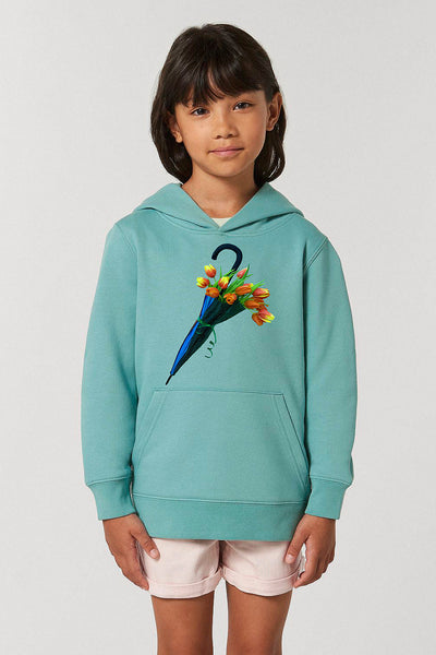 Teal green Kids Blooming Umbrella Graphic Hoodie, Medium-weight, from organic cotton blend, for girls & for boys