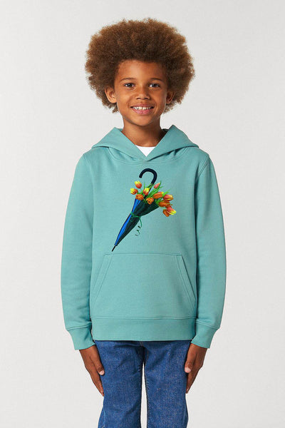 Teal green Kids Blooming Umbrella Graphic Hoodie, Medium-weight, from organic cotton blend, for girls & for boys