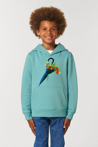 Teal green Kids Blooming Umbrella Graphic Hoodie, Medium-weight, from organic cotton blend, for girls & for boys