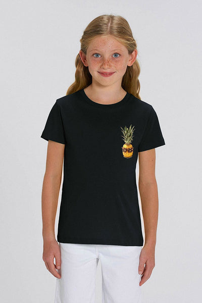 Black Kids Cool Pineapple Crew Neck T-Shirt, 100% organic cotton, for girls & for boys