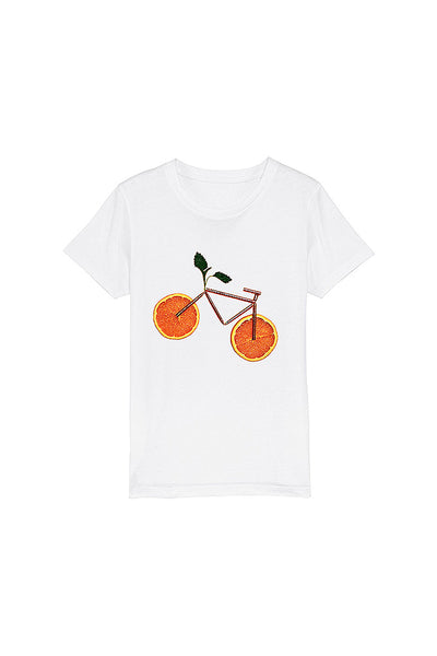 White Kids Orange Bicycle Graphic T-Shirt, 100% organic cotton, for girls & for boys