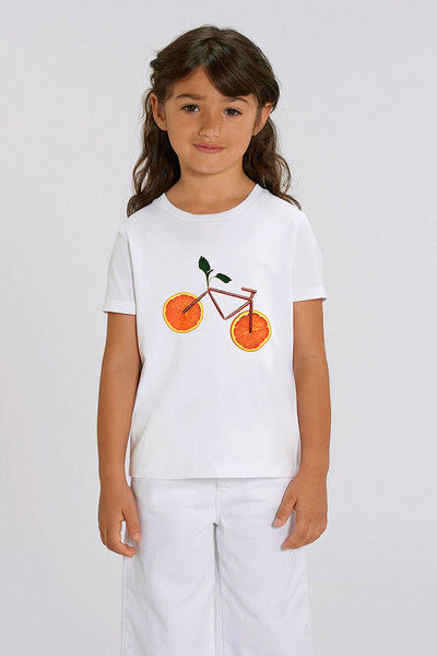 White Kids Orange Bicycle Graphic T-Shirt, 100% organic cotton, for girls & for boys