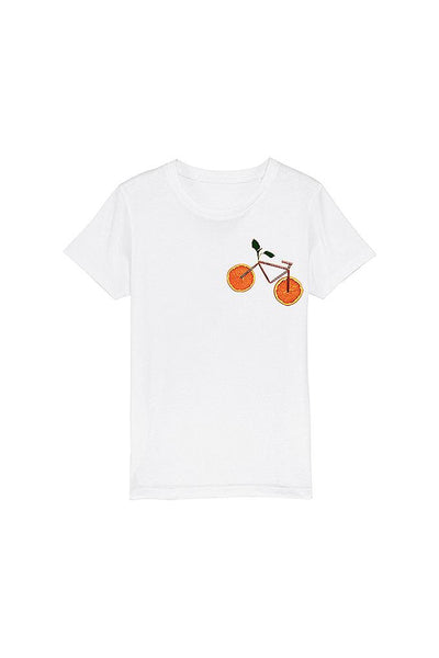 White Kids Orange Bicycle Crew Neck T-Shirt, 100% organic cotton, for girls & for boys