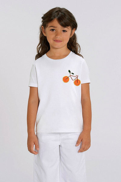 White Kids Orange Bicycle Crew Neck T-Shirt, 100% organic cotton, for girls & for boys