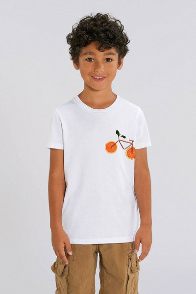 White Kids Orange Bicycle Crew Neck T-Shirt, 100% organic cotton, for girls & for boys
