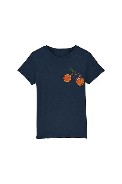 Navy Kids Orange Bicycle Crew Neck T-Shirt, 100% organic cotton, for girls & for boys