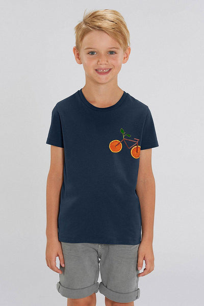 Navy Kids Orange Bicycle Crew Neck T-Shirt, 100% organic cotton, for girls & for boys