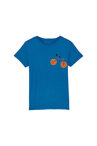 Royal Blue Kids Orange Bicycle Crew Neck T-Shirt, 100% organic cotton, for girls & for boys