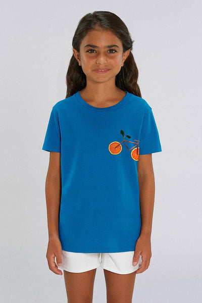 Royal Blue Kids Orange Bicycle Crew Neck T-Shirt, 100% organic cotton, for girls & for boys