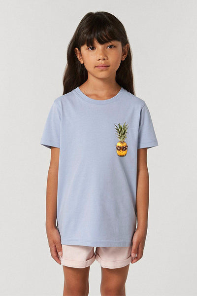 Light blue Kids Cool Pineapple Crew Neck T-Shirt, 100% organic cotton, for girls & for boys