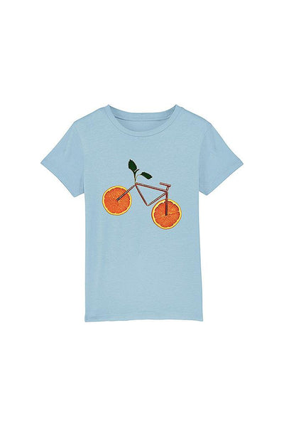 Light blue Kids Orange Bicycle Graphic T-Shirt, 100% organic cotton, for girls & for boys