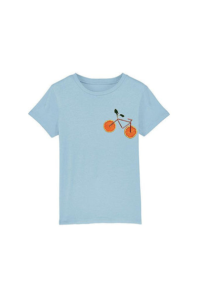 Light blue Kids Orange Bicycle Crew Neck T-Shirt, 100% organic cotton, for girls & for boys